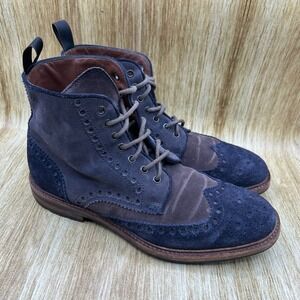 Hugo Boss Wingtip Brogue Boots Men's 8.5 Handcrafted Italian Suede Navy Brown